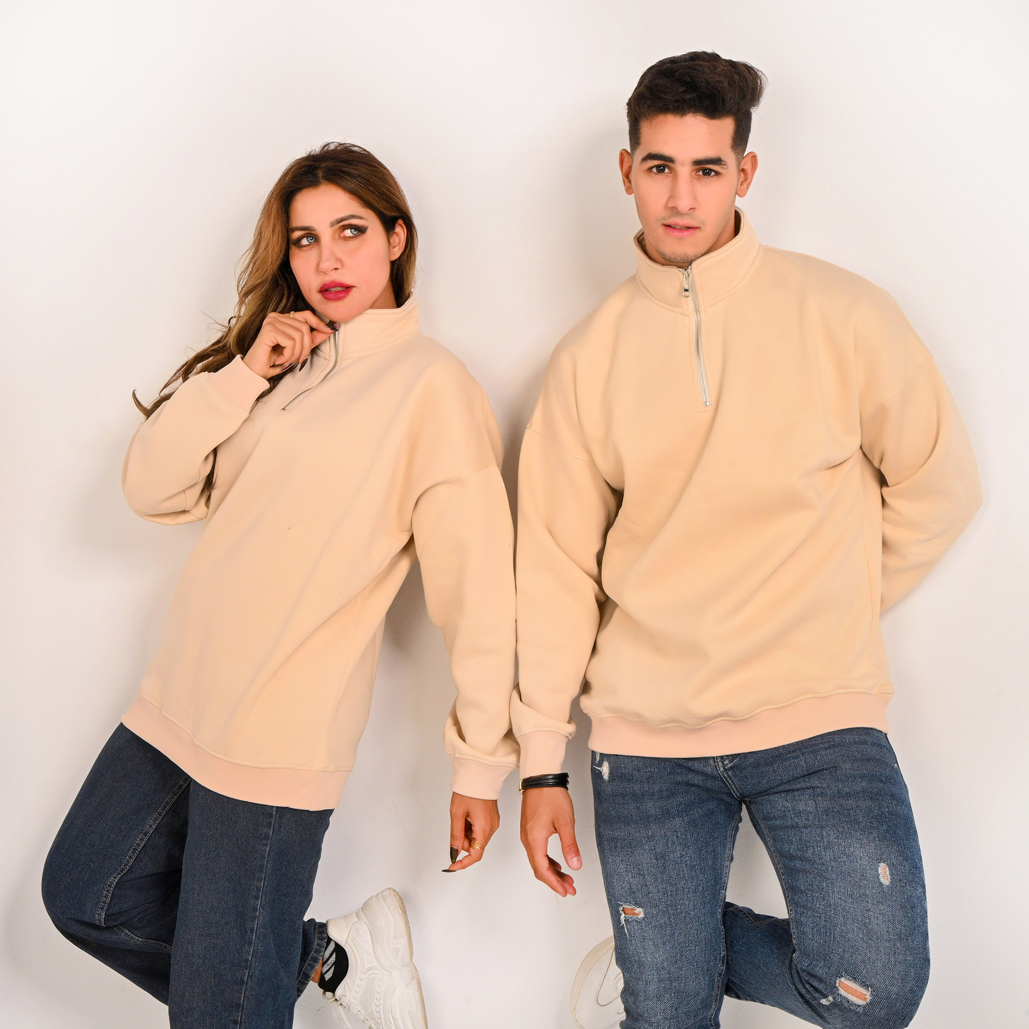 Unisex Cream Beige Quarter-Zip - صورة إضافية