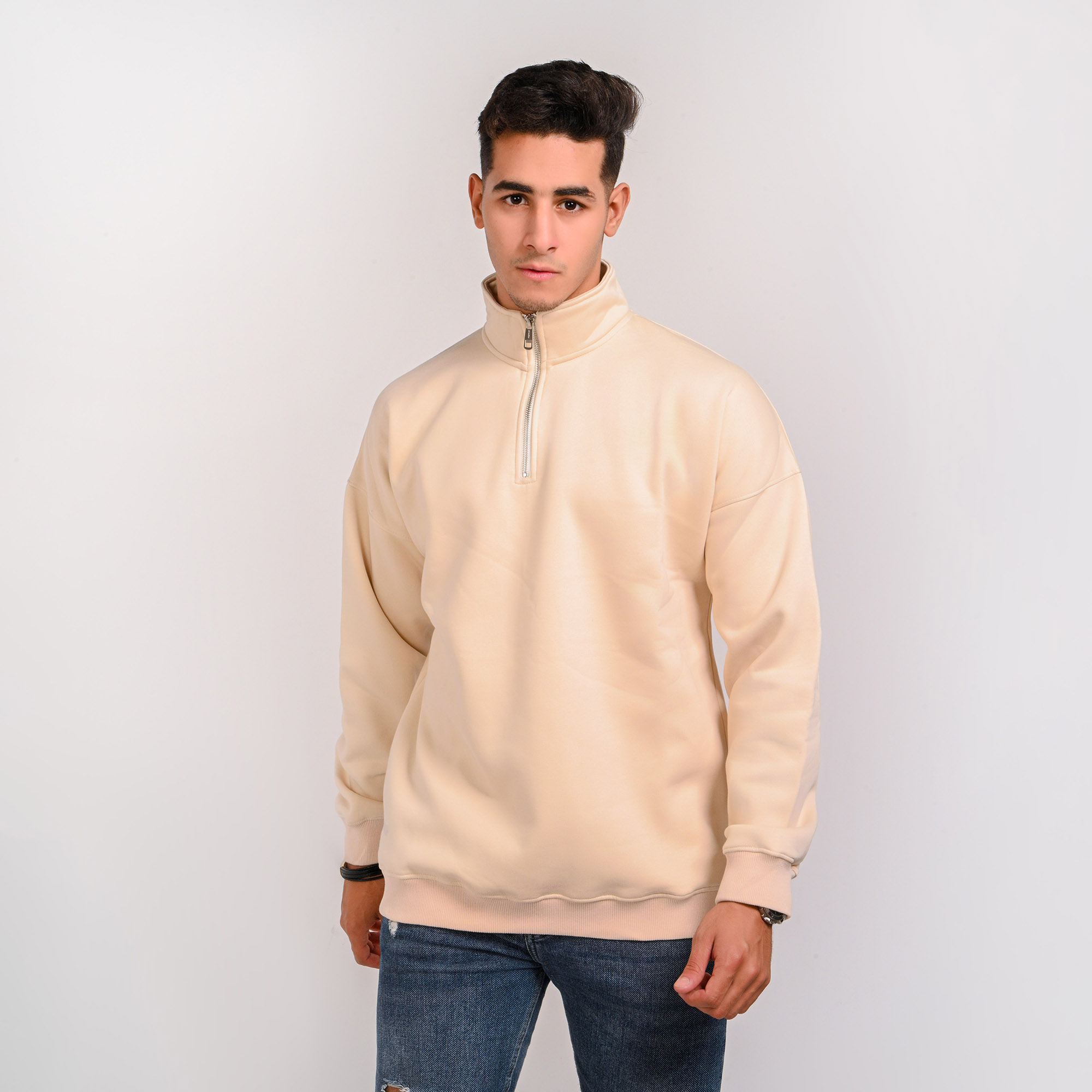 Unisex Cream Beige Quarter-Zip